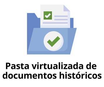 ícone ilustrado de encadernador com texto "pasta virtualizada de documentos históricos".