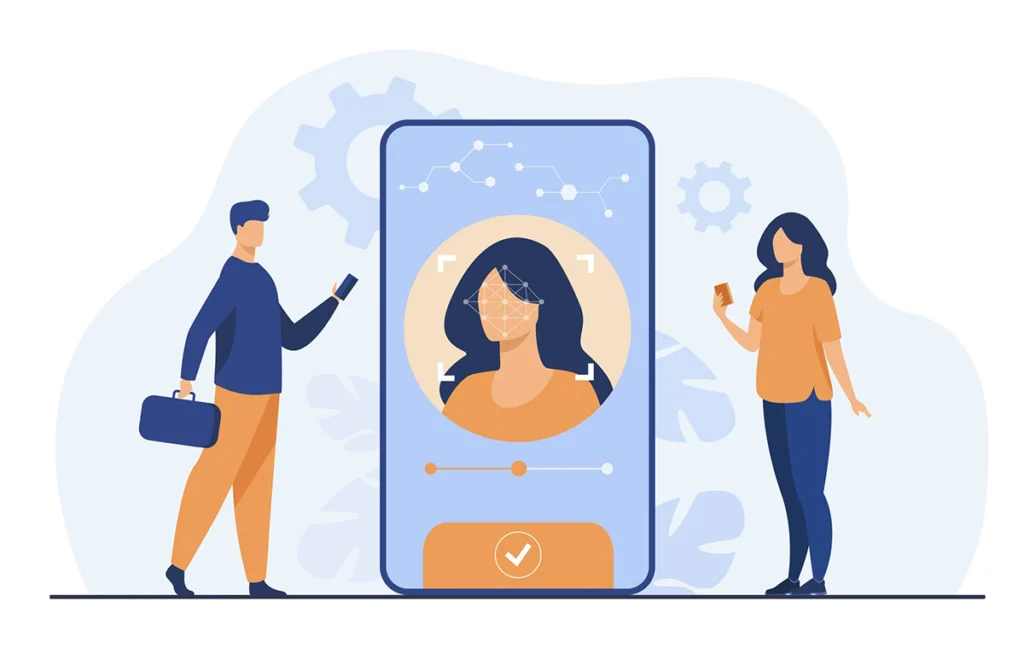 imagen ilustrada de dos personas mirando su teléfono. Entre ellas un teléfono tamaño gigante con la imagen de una mujer digitalizada en la pantalla.